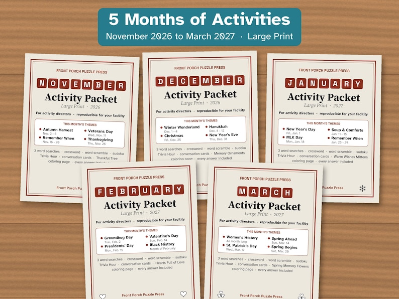 5 Months of Large Print Activity Packets for Seniors, November to March Bundle, Activity Director Puzzles image 1
