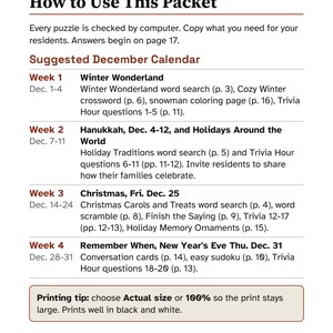 May include: A document titled For the Activity Director: How to Use This Packet, outlining a December calendar with four weeks of activities including word searches, crosswords, trivia, and coloring pages. Includes a printing tip at the bottom.