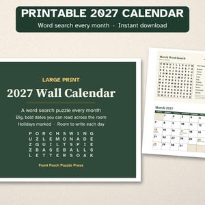 Printable 2027 Calendar, Large Print, Word Search Every Month image 1