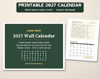 Puede incluir: Un calendario de pared 2027 imprimible con letra grande y un juego de sopa de letras mensual. La portada verde oscuro muestra el título 2027 Wall Calendar con una cuadrícula de palabras. Una página muestra una sopa de letras y calendario de marzo.