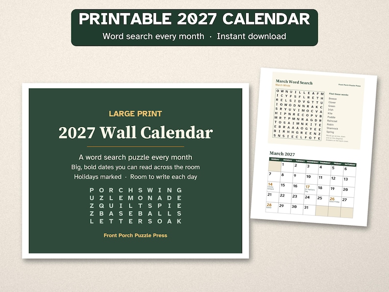 Printable 2027 Calendar, Large Print, Word Search Every Month image 1