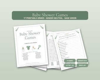 Gender Neutral Baby Shower Games Bundle, 17 Printable Sage Green Games