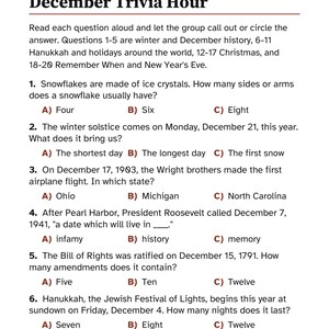 May include: A printed trivia sheet titled December Trivia Hour Part 1 of 3. The page contains six multiple-choice questions about winter, history, and holidays, with options labeled A, B, and C in red text. The footer reads Front Porch Puzzle Press 11.