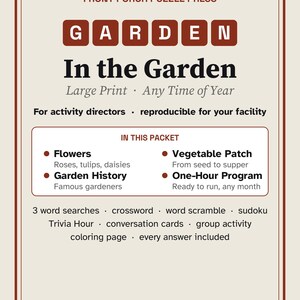 Gardening Activities for Seniors, Large Print Activity Packet, Garden Trivia & Puzzles, Memory Care