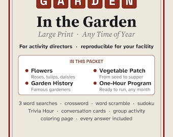 Gardening Activities for Seniors, Large Print Activity Packet, Garden Trivia & Puzzles, Memory Care