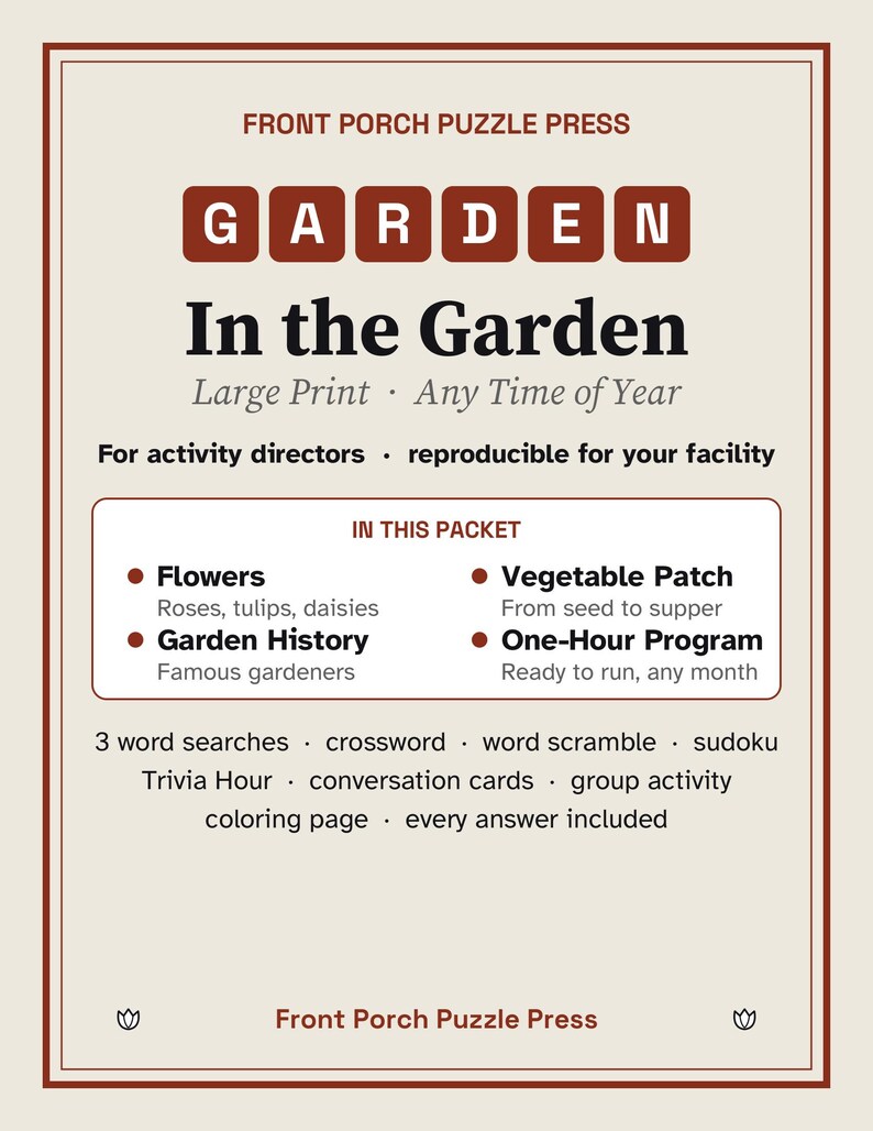 Gardening Activities for Seniors, Large Print Activity Packet, Garden Trivia & Puzzles, Memory Care image 1