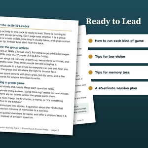 May include: A white document titled For the Activity Leader with black text providing instructions for group games, including sections on preparation, running games, and tips for low vision, memory loss, and session planning, labeled Ready to Lead.