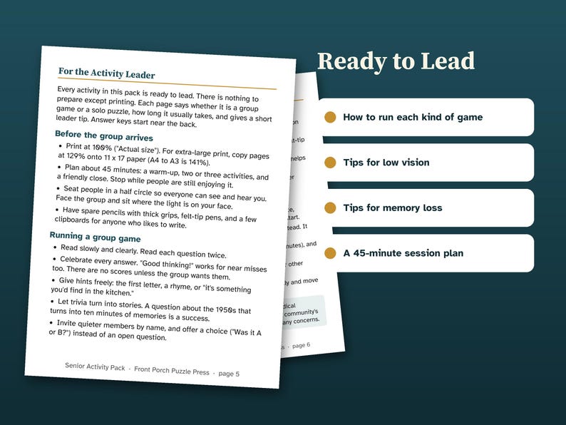 May include: A white document titled For the Activity Leader with black text providing instructions for group games, including sections on preparation, running games, and tips for low vision, memory loss, and session planning, labeled Ready to Lead.