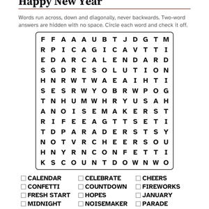 K&ouml;nnte beinhalten: Eine Wortsuchr&auml;tsel-Seite zum Thema Neujahr mit dem Titel Happy New Year. Sie zeigt ein Gitter aus schwarzen Buchstaben auf wei&szlig;em Hintergrund mit einer Liste zu findender W&ouml;rter wie Calendar, Confetti, Fresh Start, Midnight und Party Hats.