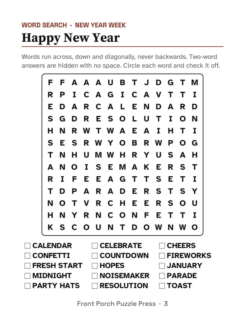 K&ouml;nnte beinhalten: Eine Wortsuchr&auml;tsel-Seite zum Thema Neujahr mit dem Titel Happy New Year. Sie zeigt ein Gitter aus schwarzen Buchstaben auf wei&szlig;em Hintergrund mit einer Liste zu findender W&ouml;rter wie Calendar, Confetti, Fresh Start, Midnight und Party Hats.
