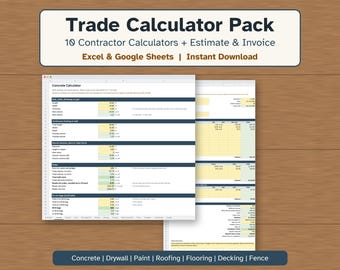 Può includere: Un pacchetto di calcolatrici commerciali digitali con 10 calcolatrici per appaltatori, preventivi e fatture per Excel e Google Sheets. L'interfaccia mostra una calcolatrice per calcestruzzo con campi per volume e costi.