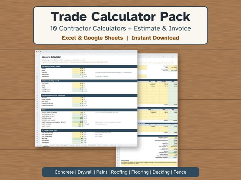 K&ouml;nnte beinhalten: Ein digitales Trade Calculator Pack mit 10 Handwerker-Rechnern, Kostenvoranschl&auml;gen und Rechnungen f&uuml;r Excel und Google Sheets. Die Benutzeroberfl&auml;che zeigt einen Betonrechner mit Eingabefeldern f&uuml;r Volumen und Materialkosten.