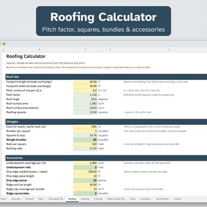 K&ouml;nnte beinhalten: Eine digitale Tabellenkalkulation mit dem Titel Roofing Calculator mit Abschnitten f&uuml;r Dachgr&ouml;&szlig;e, Schindeln und Zubeh&ouml;r. Sie zeigt Eingabefelder in Gelb und berechnete Ergebnisse in Gr&uuml;n und f&uuml;hrt Ma&szlig;e wie Grundfl&auml;chenl&auml;nge, Neigungsfaktor und B&uuml;ndelanzahl f&uuml;r Dachprojekte auf.