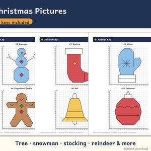 Pu&ograve; includere: Un documento PDF stampabile intitolato 12 Christmas Pictures contenente attivit&agrave; di grafici su piano cartesiano. La pagina mostra sei griglie con illustrazioni geometriche di un pupazzo di neve, biscotto, calza, campana, guanto e decorazione.