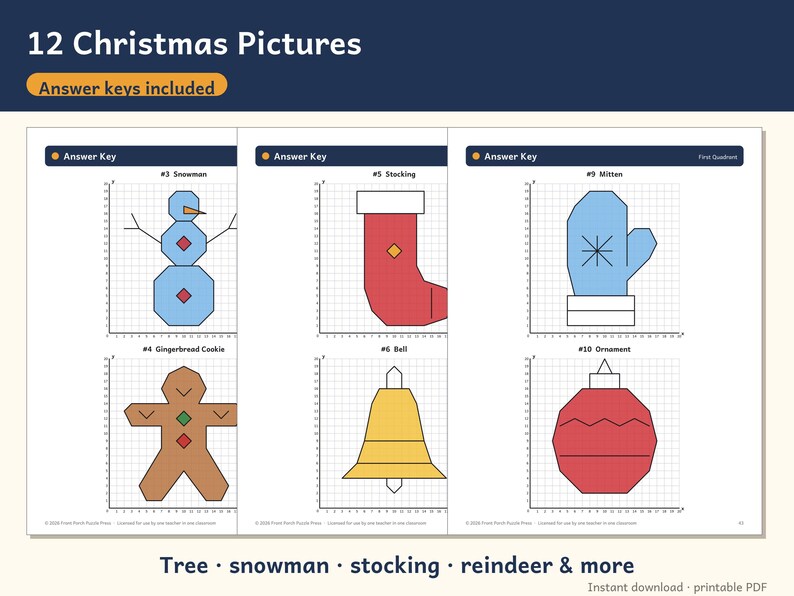 Pu&ograve; includere: Un documento PDF stampabile intitolato 12 Christmas Pictures contenente attivit&agrave; di grafici su piano cartesiano. La pagina mostra sei griglie con illustrazioni geometriche di un pupazzo di neve, biscotto, calza, campana, guanto e decorazione.