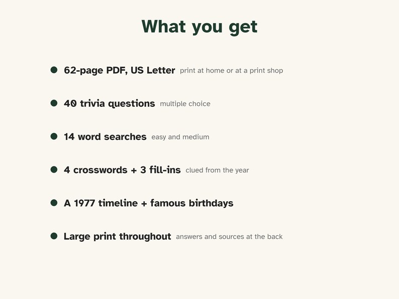 50th Birthday Gift, Born in 1977 Nostalgia Trivia Book, Large Print Puzzles image 6