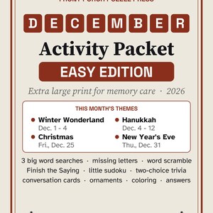 Easy December Activity Packet for Memory Care, Large Print Dementia Activities, Christmas & Hanukkah Puzzles PDF image 1