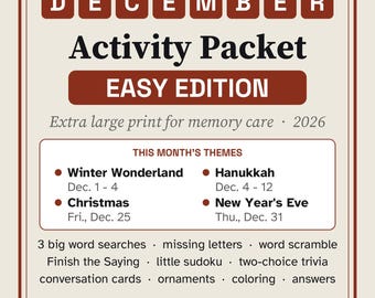Easy December Activity Packet for Memory Care, Large Print Dementia Activities, Christmas & Hanukkah Puzzles PDF