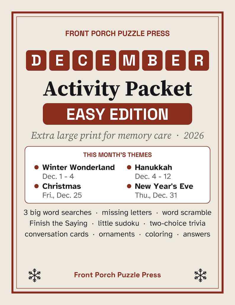 Easy December Activity Packet for Memory Care, Large Print Dementia Activities, Christmas & Hanukkah Puzzles PDF image 1