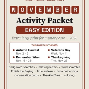 Easy November Activity Packet for Memory Care, Large Print Dementia Activities, Thanksgiving & Veterans Day Puzzles PDF image 1