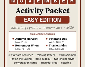 Easy November Activity Packet for Memory Care, Large Print Dementia Activities, Thanksgiving & Veterans Day Puzzles PDF