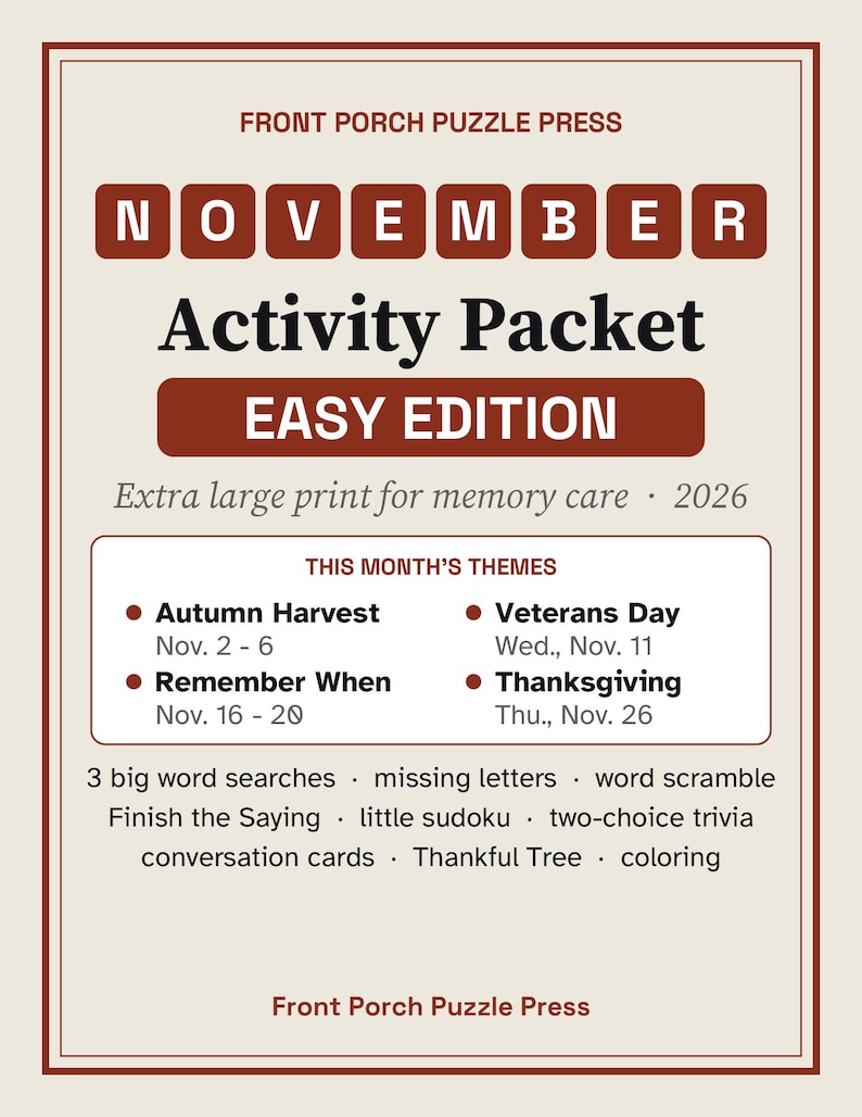Easy November Activity Packet for Memory Care, Large Print Dementia Activities, Thanksgiving & Veterans Day Puzzles PDF image 1