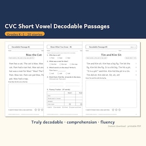 May include: A set of CVC short vowel decodable passages for grades K-1, featuring three printed pages. The pages include stories titled Max the Cat and Tim and Kim Sit, along with a Shew What You Know comprehension worksheet with questions.