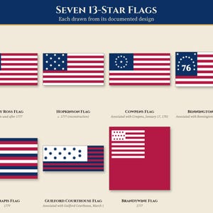 May include: A chart titled Seven 13-Star Flags featuring seven historical American flag designs. Each flag is labeled with its name and date, including the Betsy Ross, Hopkinson, Cowpens, Bennington, Serapis, Guilford Courthouse, and Brandywine flags.