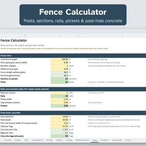 K&ouml;nnte beinhalten: Eine digitale Tabellenkalkulation mit dem Titel Fence Calculator mit Abschnitten f&uuml;r Zaunlinien, Schienen, Pfosten und Beton. Die Tabelle zeigt Eingabefelder in Gelb und berechnete Ergebnisse in Gr&uuml;n und listet Mengen f&uuml;r Pfosten, Abschnitte und Betons&auml;cke auf.
