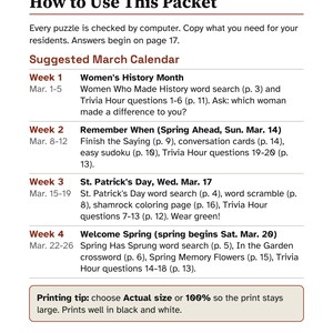 May include: A printed document titled For the Activity Director: How to Use This Packet. It features a March calendar with weekly activity suggestions, including Women's History Month, St. Patrick's Day, and Spring themes, plus a printing tip at the bottom.