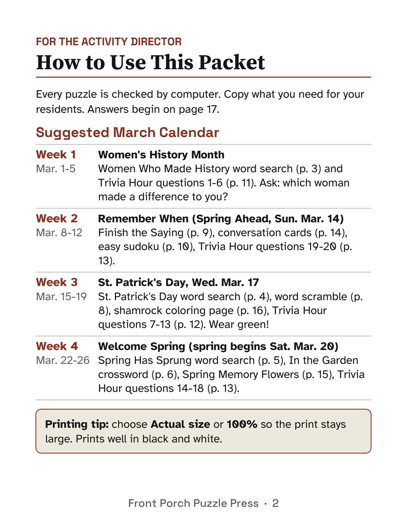 May include: A printed document titled For the Activity Director: How to Use This Packet. It features a March calendar with weekly activity suggestions, including Women's History Month, St. Patrick's Day, and Spring themes, plus a printing tip at the bottom.