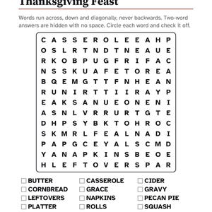 K&ouml;nnte beinhalten: Ein Thanksgiving Feast Wortsuchr&auml;tsel auf wei&szlig;em Papier mit schwarzem Text. Das Gitter enth&auml;lt Buchstaben in Reihen und Spalten, mit einer Liste von f&uuml;nfzehn W&ouml;rtern zum Suchen darunter, darunter Butter, Cornbread, Leftovers und Turkey.
