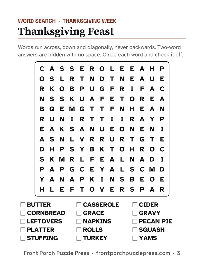 K&ouml;nnte beinhalten: Ein Thanksgiving Feast Wortsuchr&auml;tsel auf wei&szlig;em Papier mit schwarzem Text. Das Gitter enth&auml;lt Buchstaben in Reihen und Spalten, mit einer Liste von f&uuml;nfzehn W&ouml;rtern zum Suchen darunter, darunter Butter, Cornbread, Leftovers und Turkey.