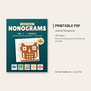 Peut inclure: Une couverture de livre numérique intitulée Large Print Nonograms Vol. 1 Animals avec un puzzle en grille représentant un hibou, un badge circulaire indiquant No Guessing Needed et cinq icônes d'animaux : baleine, grenouille, escargot, abeille et poisson.