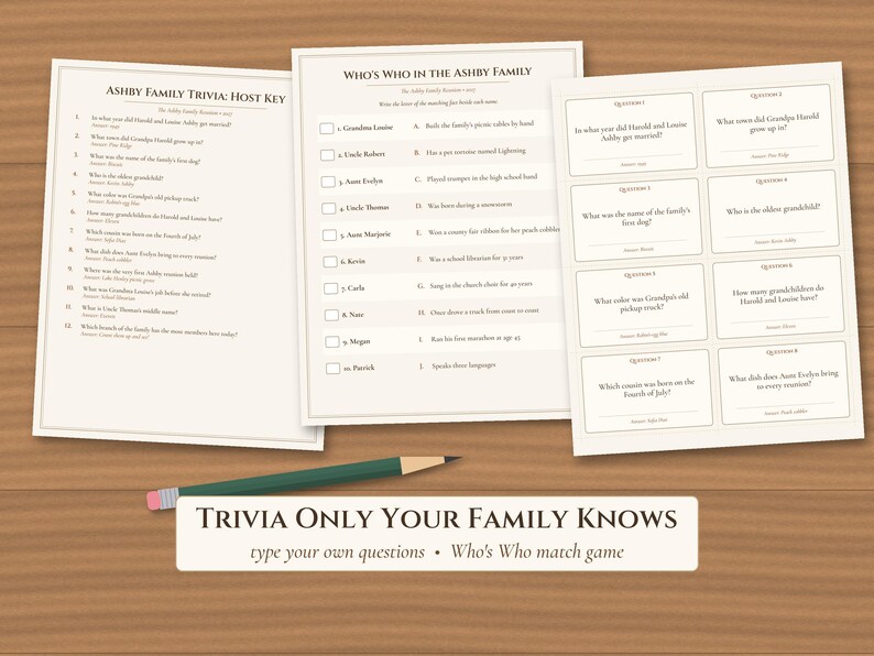 May include: Three printed sheets of paper featuring Ashby Family Trivia, a Who's Who match game, and question cards, accompanied by a green pencil. The text includes Trivia Only Your Family Knows, type your own questions, and Who's Who match game.