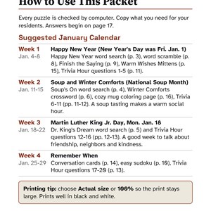 K&ouml;nnte beinhalten: Ein gedrucktes Dokument mit dem Titel For the Activity Director: How to Use This Packet. Es enth&auml;lt einen Januar-Kalender mit vier Wochen voller Aktivit&auml;ten, darunter Wortsuchr&auml;tsel, Kreuzwortr&auml;tsel und Trivia sowie einen Drucktipp.