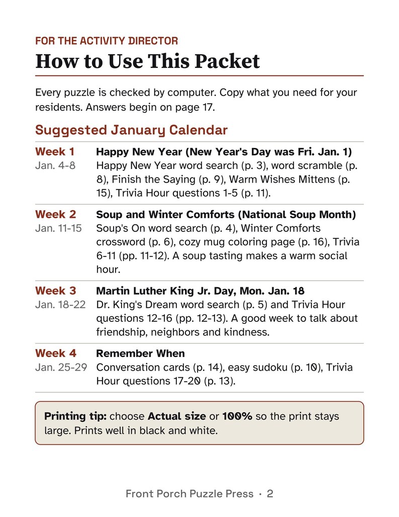 K&ouml;nnte beinhalten: Ein gedrucktes Dokument mit dem Titel For the Activity Director: How to Use This Packet. Es enth&auml;lt einen Januar-Kalender mit vier Wochen voller Aktivit&auml;ten, darunter Wortsuchr&auml;tsel, Kreuzwortr&auml;tsel und Trivia sowie einen Drucktipp.