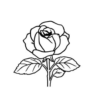 May include: A black and white line drawing of a single rose flower with a stem and two leaves. The word Rose is printed in black text above the flower. The design features bold outlines on a plain white background for coloring purposes.