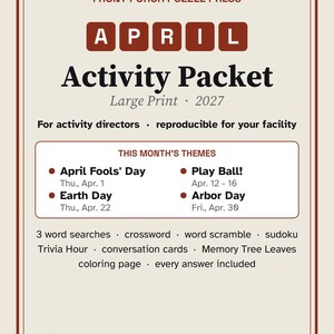 April Large Print Activity Packet for Seniors, Earth Day & Spring Puzzles and Trivia image 1