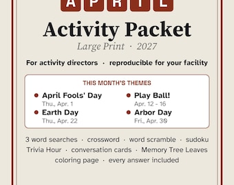 Paquete de actividades en letra grande para personas mayores de abril, Día de la Tierra y rompecabezas y trivias de primavera.