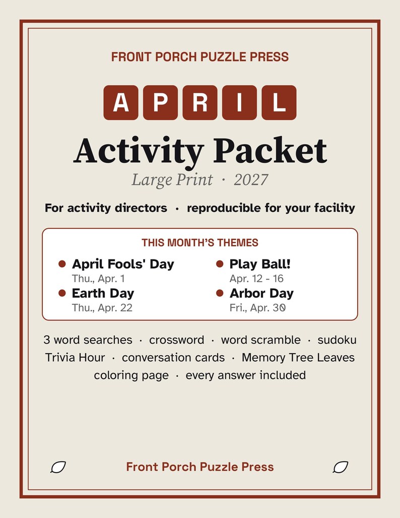 April Large Print Activity Packet for Seniors, Earth Day & Spring Puzzles and Trivia image 1