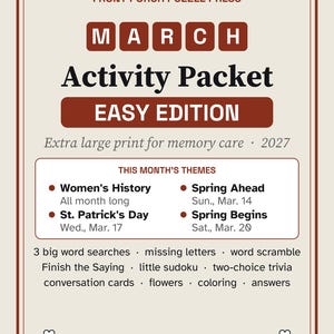 Paquete de actividades fáciles para marzo para el cuidado de la memoria, actividades para personas con demencia en letra grande, rompecabezas de San Patricio y primavera en formato PDF. imagen 1