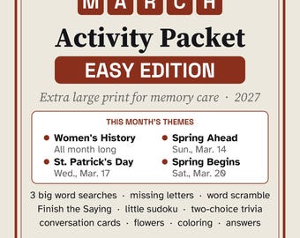 Easy March Activity Packet for Memory Care, Large Print Dementia Activities, St. Patrick's Day & Spring Puzzles PDF
