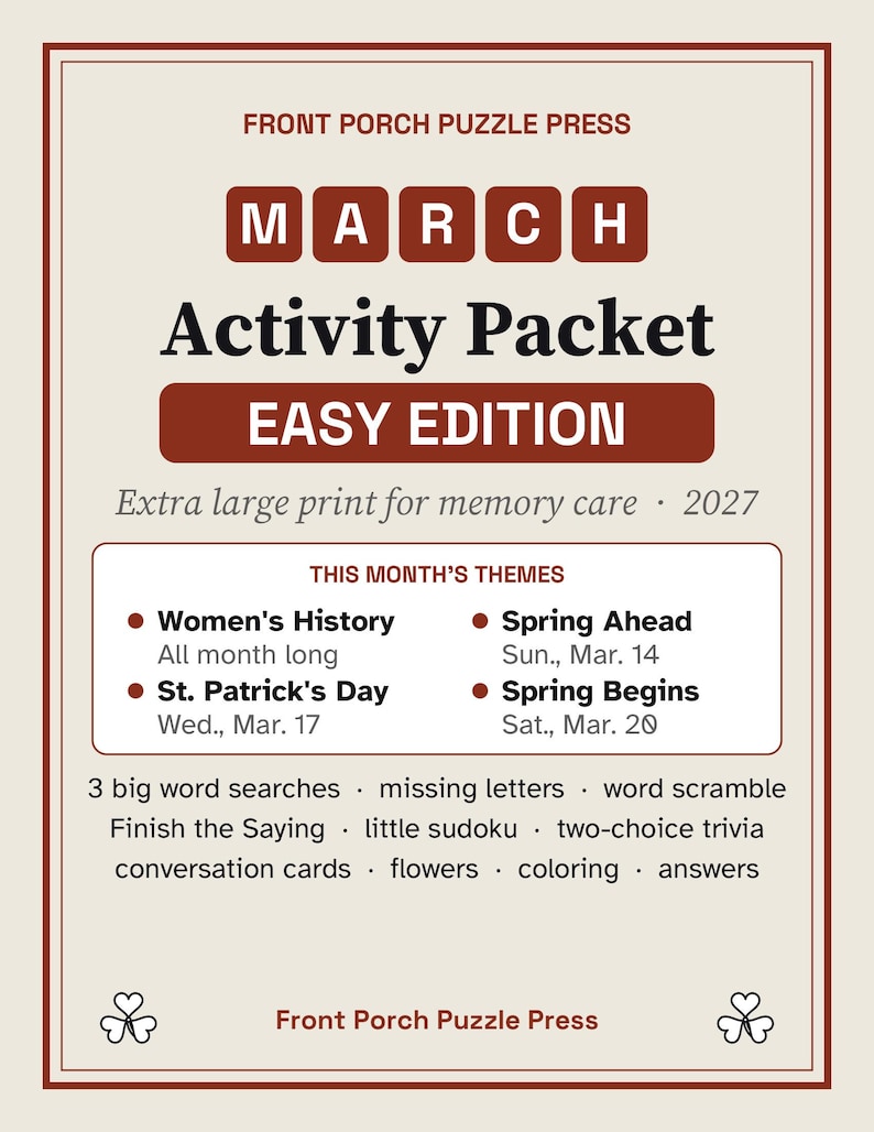 Paquete de actividades fáciles para marzo para el cuidado de la memoria, actividades para personas con demencia en letra grande, rompecabezas de San Patricio y primavera en formato PDF. imagen 1