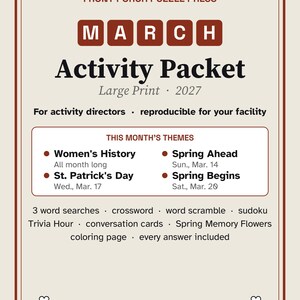 March Large Print Activity Packet for Seniors, St Patricks Day & Spring Puzzles and Trivia