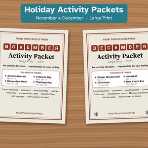 Holiday Large Print Activity Packets for Seniors, November and December Bundle, Thanksgiving & Christmas image 1