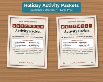 Paquetes de actividades navideñas en letra grande para personas mayores, paquete de noviembre y diciembre, Día de Acción de Gracias y Navidad.
