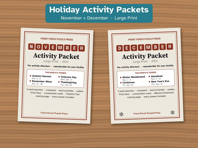 Holiday Large Print Activity Packets for Seniors, November and December Bundle, Thanksgiving & Christmas image 1