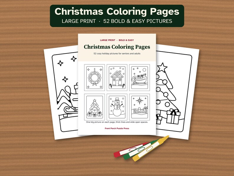 May include: A coloring book titled Christmas Coloring Pages with 52 bold and easy pictures. The cover features six holiday illustrations including a wreath, house, sleigh, tree, snowman, and star. Three crayons in red, green, and yellow are included.