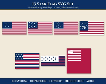Könnte beinhalten: Ein digitales SVG-Set mit sieben 13-Sterne-Flaggen aus dem Unabhängigkeitskrieg in Rot, Weiß und Blau. Der Text lautet 13 STAR FLAG SVG SET, 7 Revolutionary War flags, Cricut, Silhouette & Laser sowie BETSY ROSS, HOPKINSON, COWPENS, BENNINGTON, MORE.